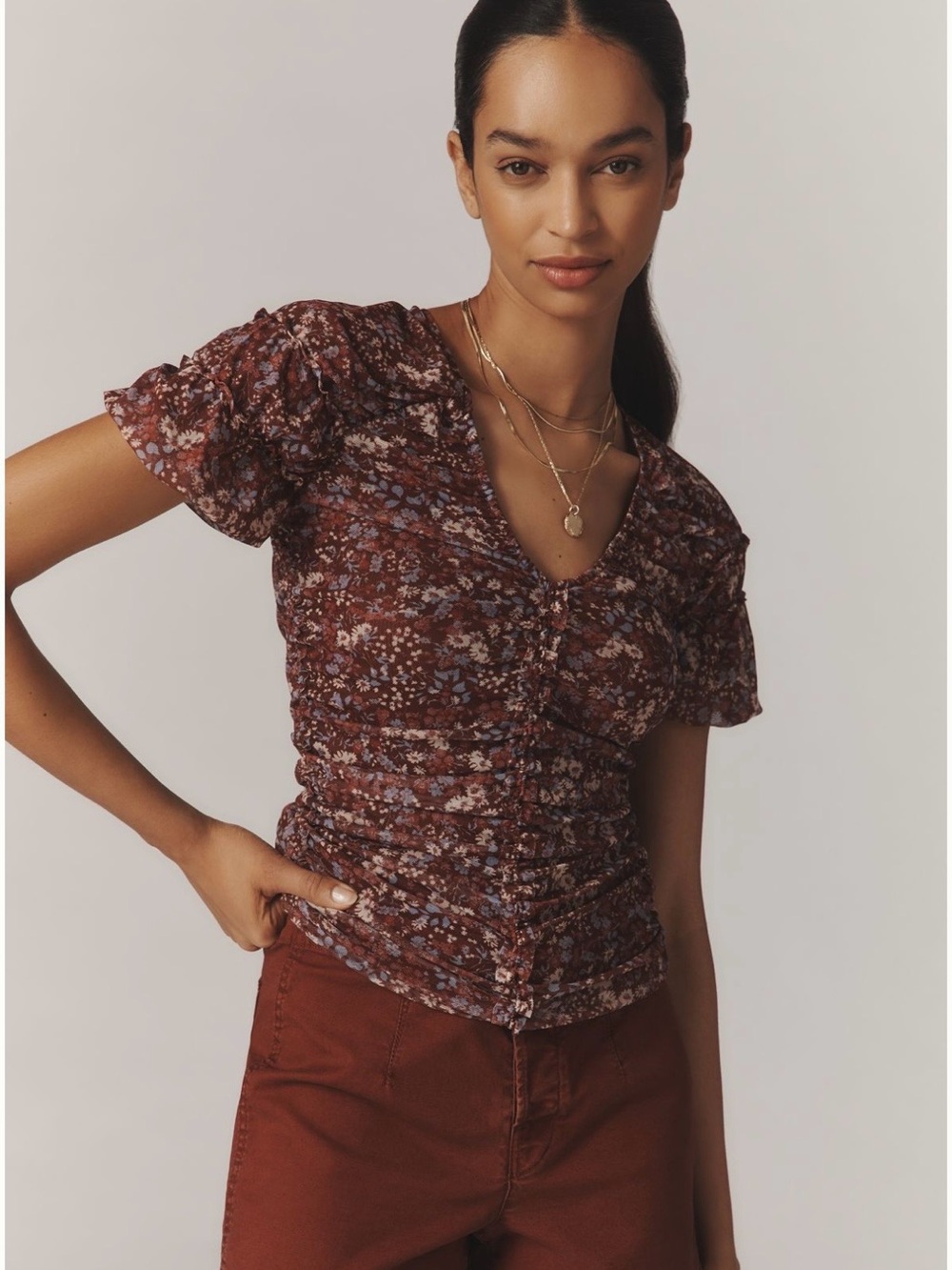 Anthropologie Short Sleeve Shirred Mesh Top | NWT | Size Medium
